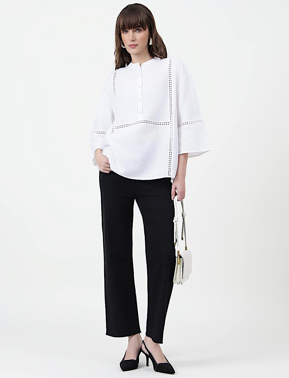 Linen Rich Embroidered Mandarin Collar Top