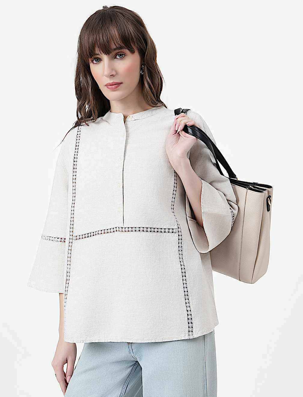 Linen Rich Embroidered Mandarin Collar Top