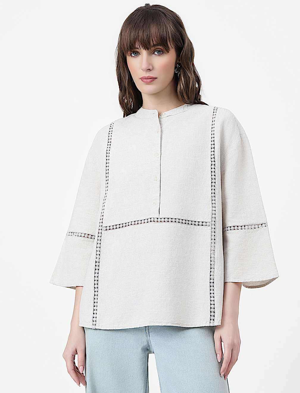 Linen Rich Embroidered Mandarin Collar Top