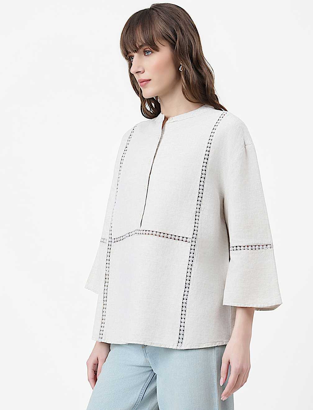 Linen Rich Embroidered Mandarin Collar Top