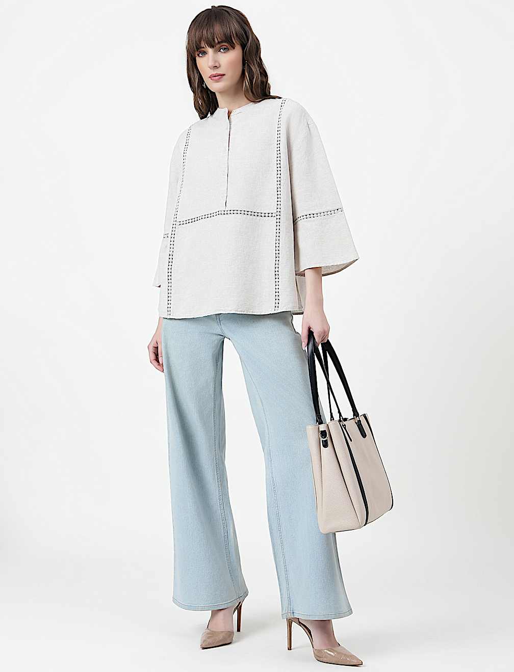 Linen Rich Embroidered Mandarin Collar Top