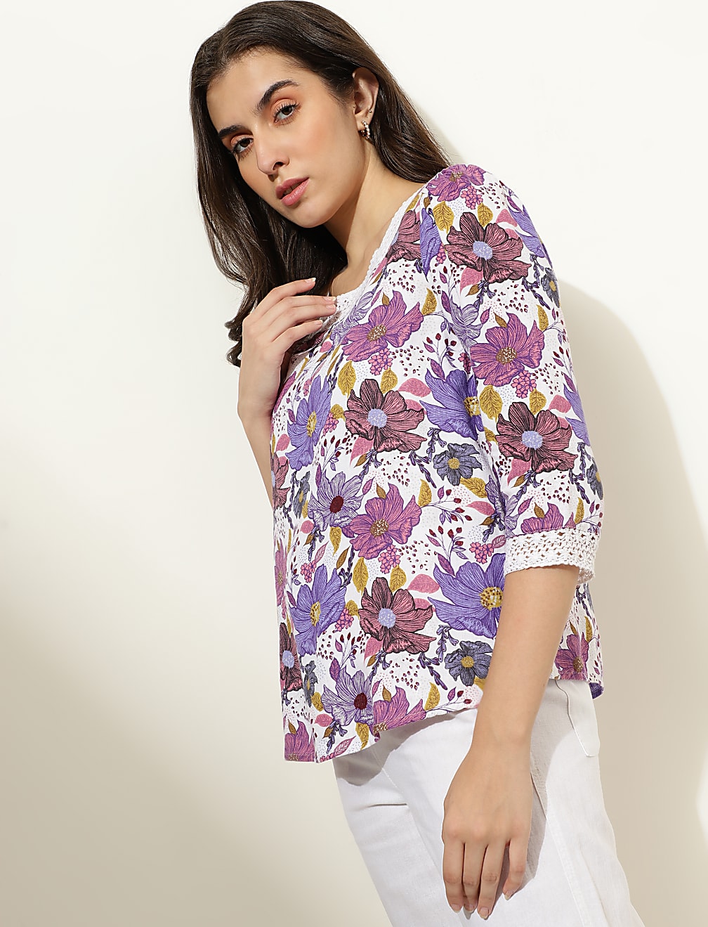 Linen Blend Floral Print Square Neck Top
