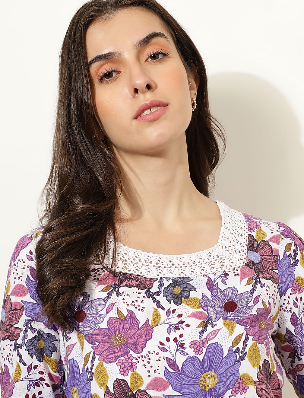 Linen Blend Floral Print Square Neck Top