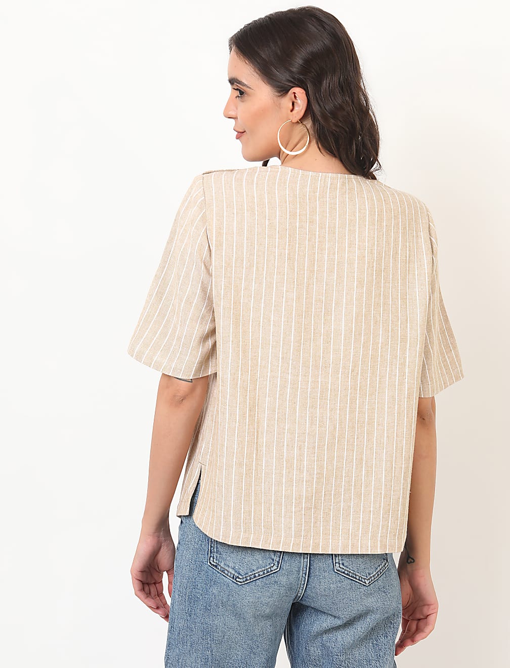 Flax Mix Stripes Round Neck Top