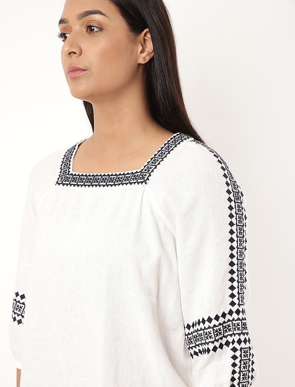 Linen Mix Embroidery Square Neck Blouse