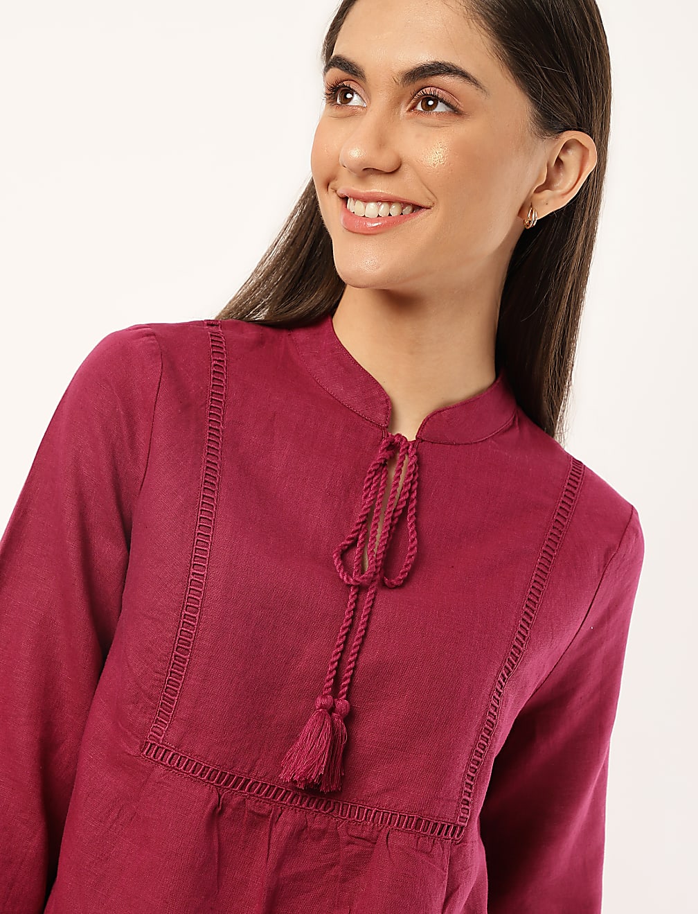 Linen Mix Plain Tie-Up Neck Top