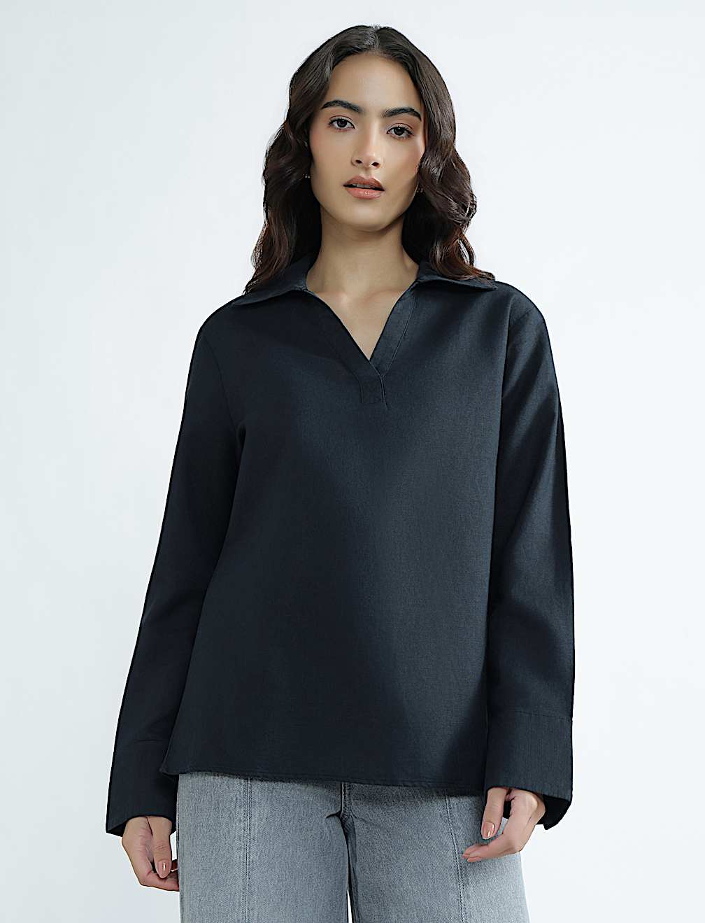 Linen Rich Spread Collar Plain Top