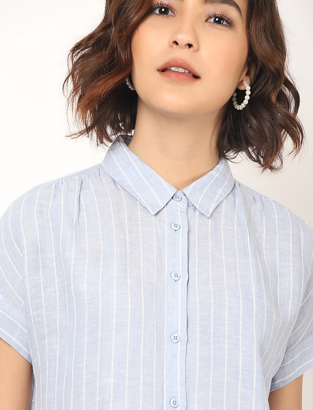 Flax Linen Mix Checked Spread Collar Shirt