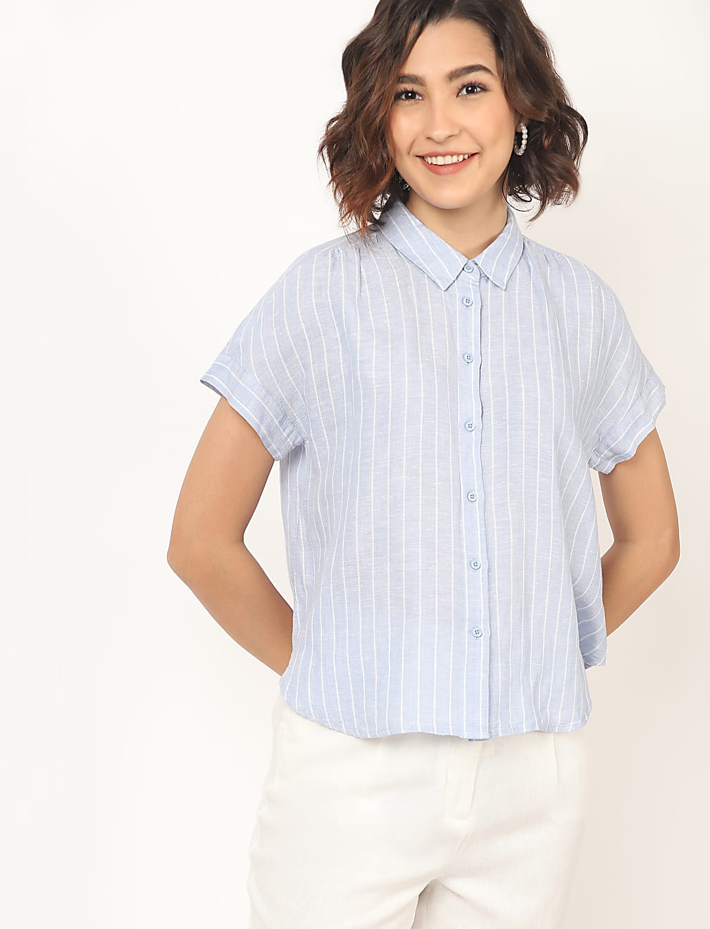 Flax Linen Mix Checked Spread Collar Shirt