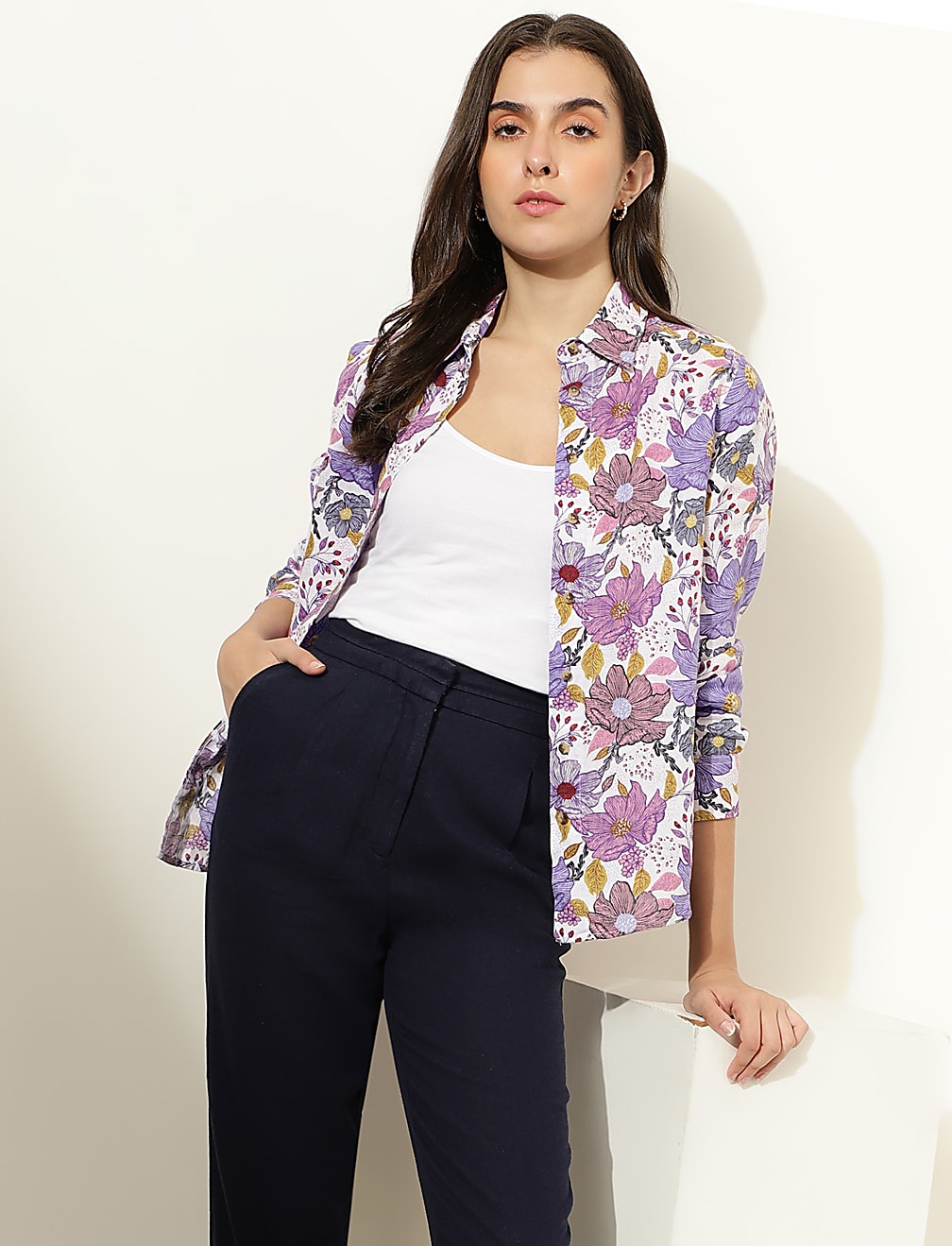 Pure Linen Floral Print Spread Collar Shirt