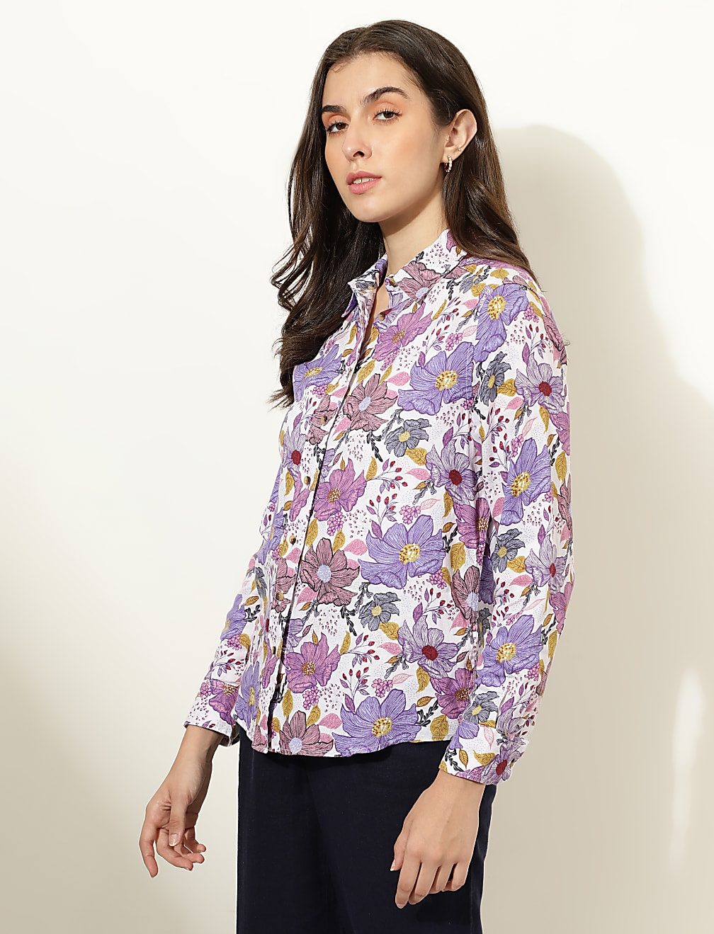Pure Linen Floral Print Spread Collar Shirt