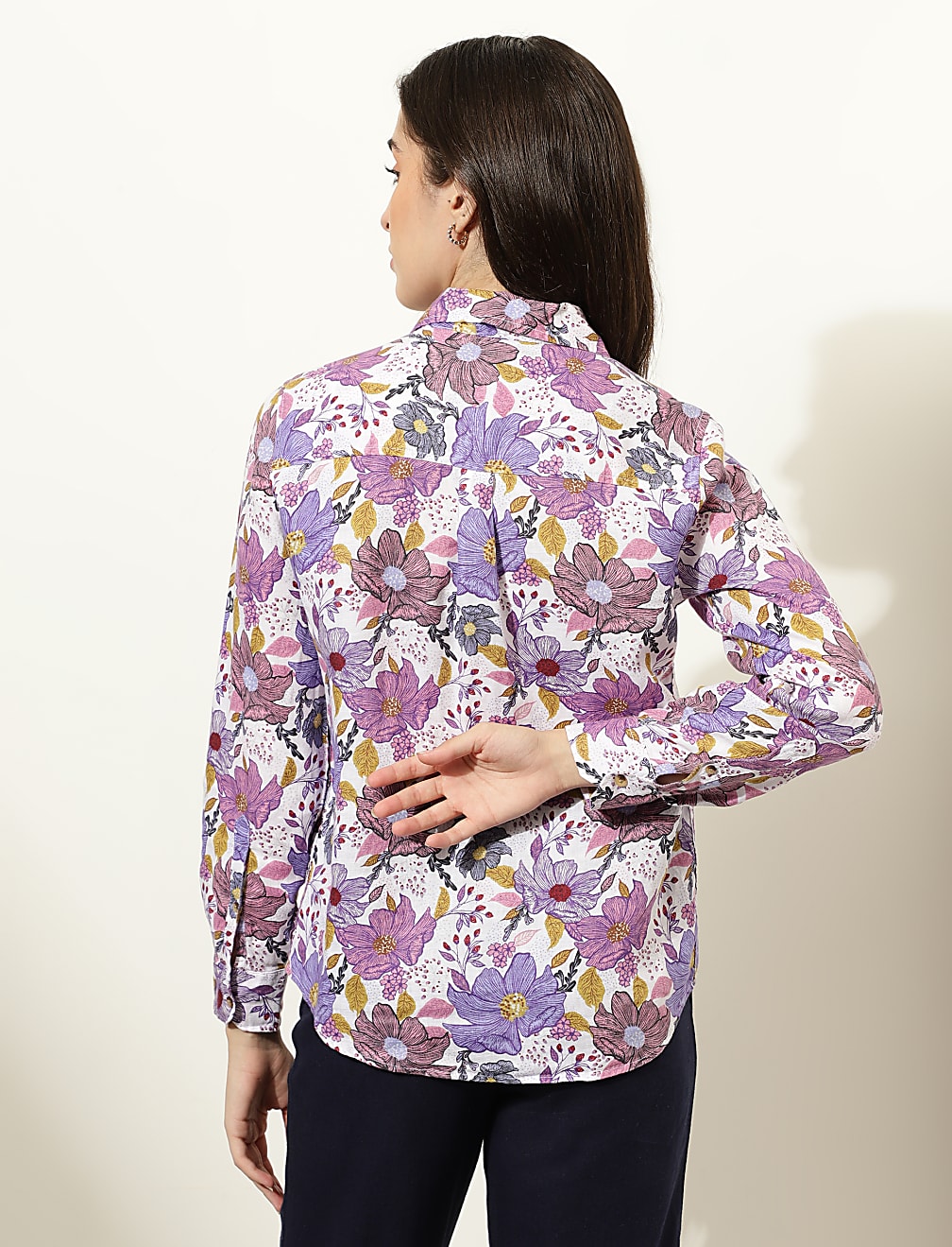 Pure Linen Floral Print Spread Collar Shirt