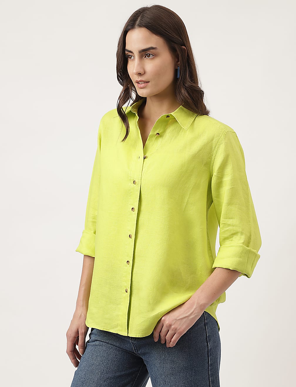 Pure Linen Plain Spread Collar Shirt