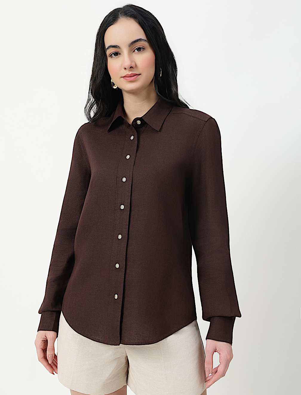 Pure Linen Plain Spread Collar Shirt