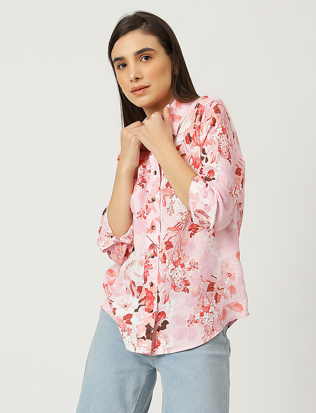 Pure Linen Floral Print Spread Collar Shirt