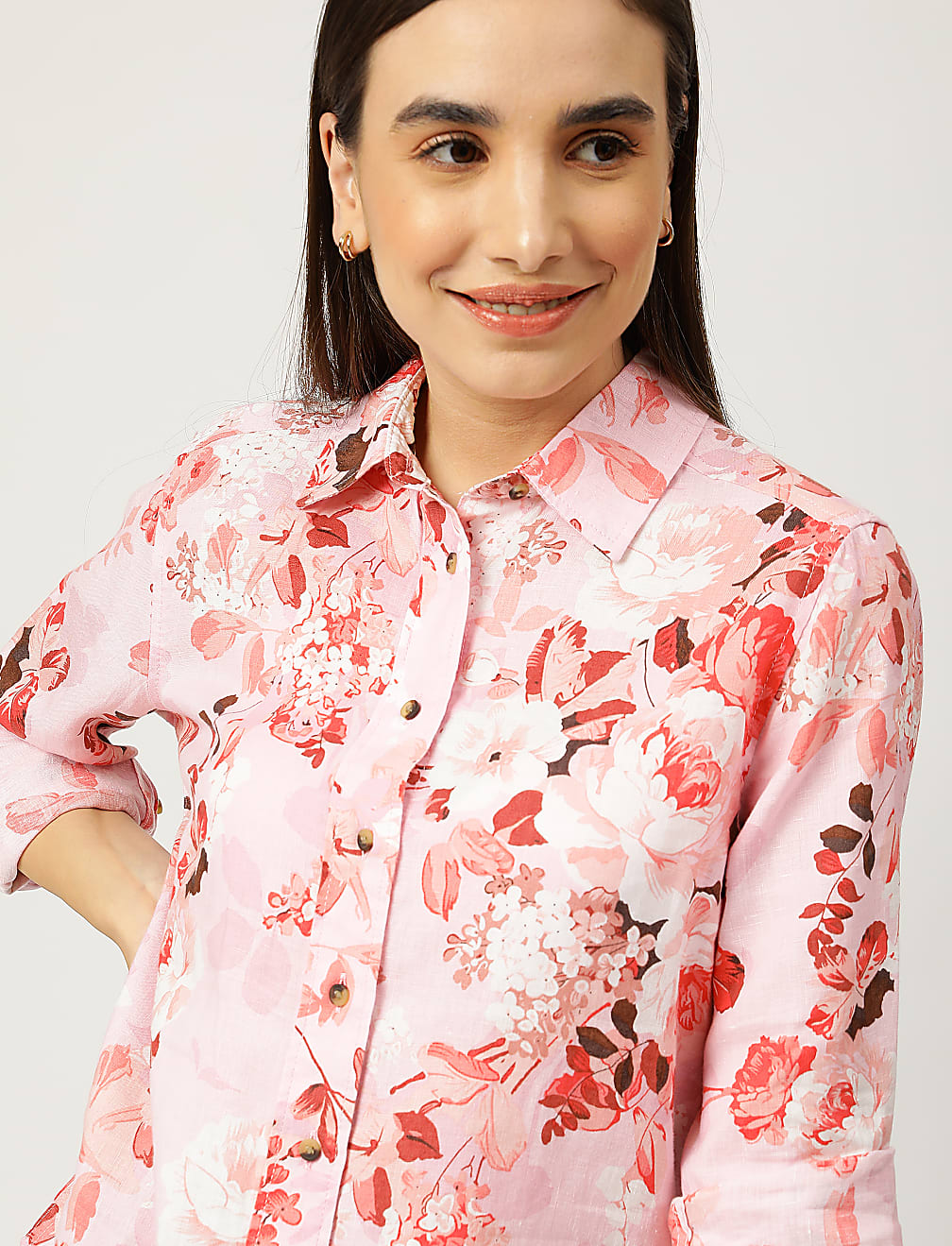 Pure Linen Floral Print Spread Collar Shirt