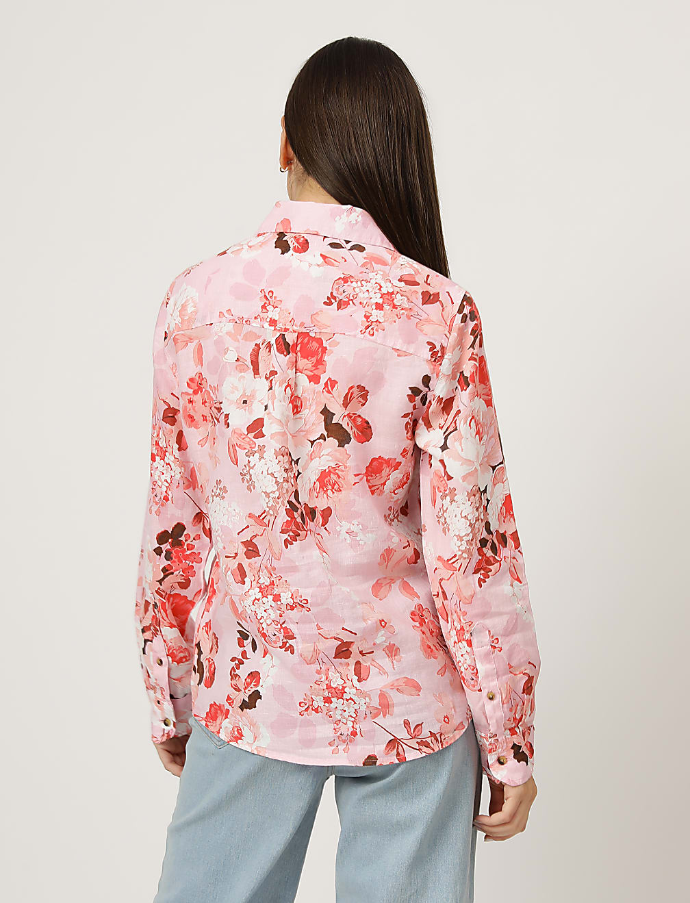Pure Linen Floral Print Spread Collar Shirt