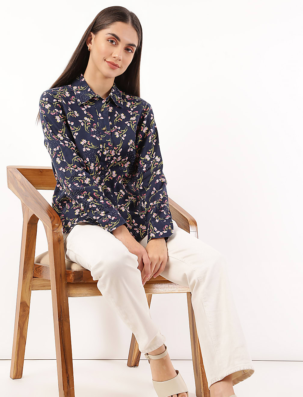 Pure Linen Floral Print Spread Collar Shirt
