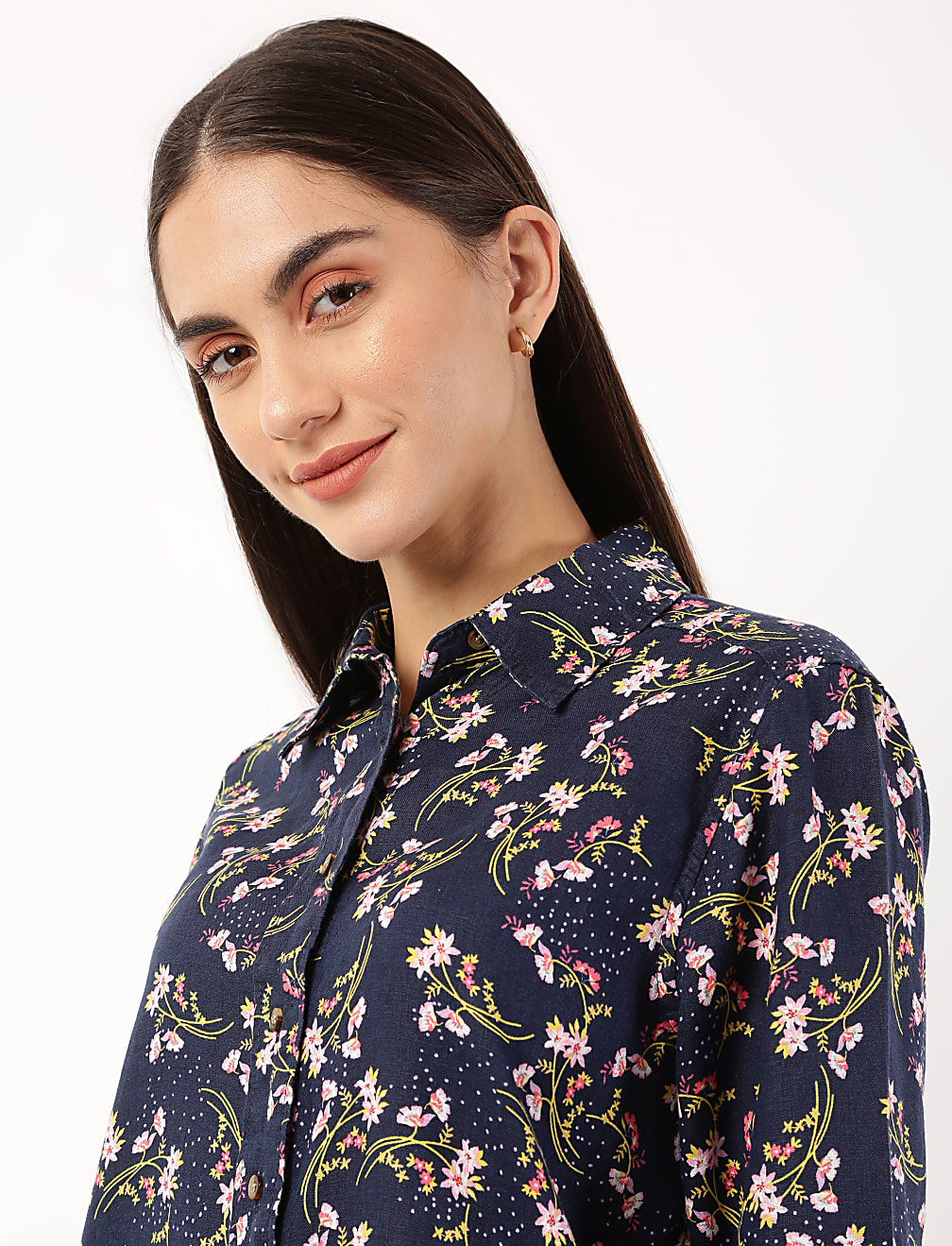 Pure Linen Floral Print Spread Collar Shirt