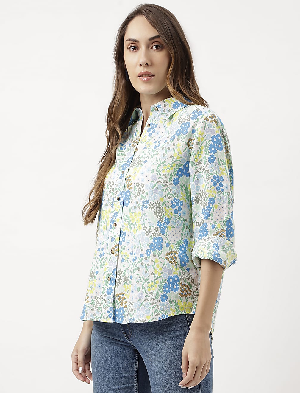 Pure Linen Floral Print Full Sleeve Shirt