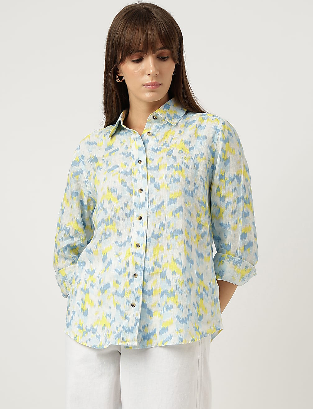 Pure Linen Ikat Print Spread Collar Shirt