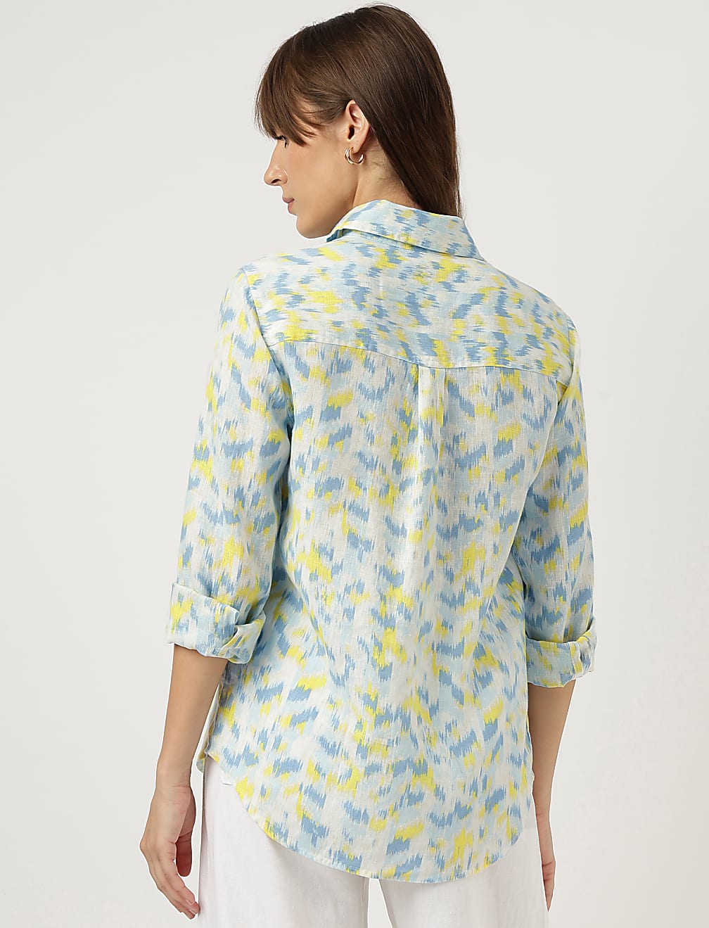 Pure Linen Ikat Print Spread Collar Shirt