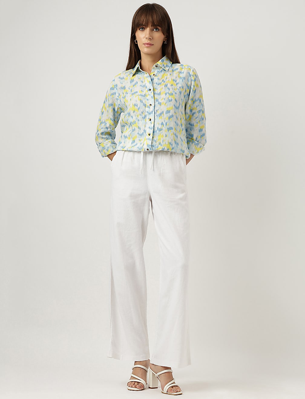 Pure Linen Ikat Print Spread Collar Shirt