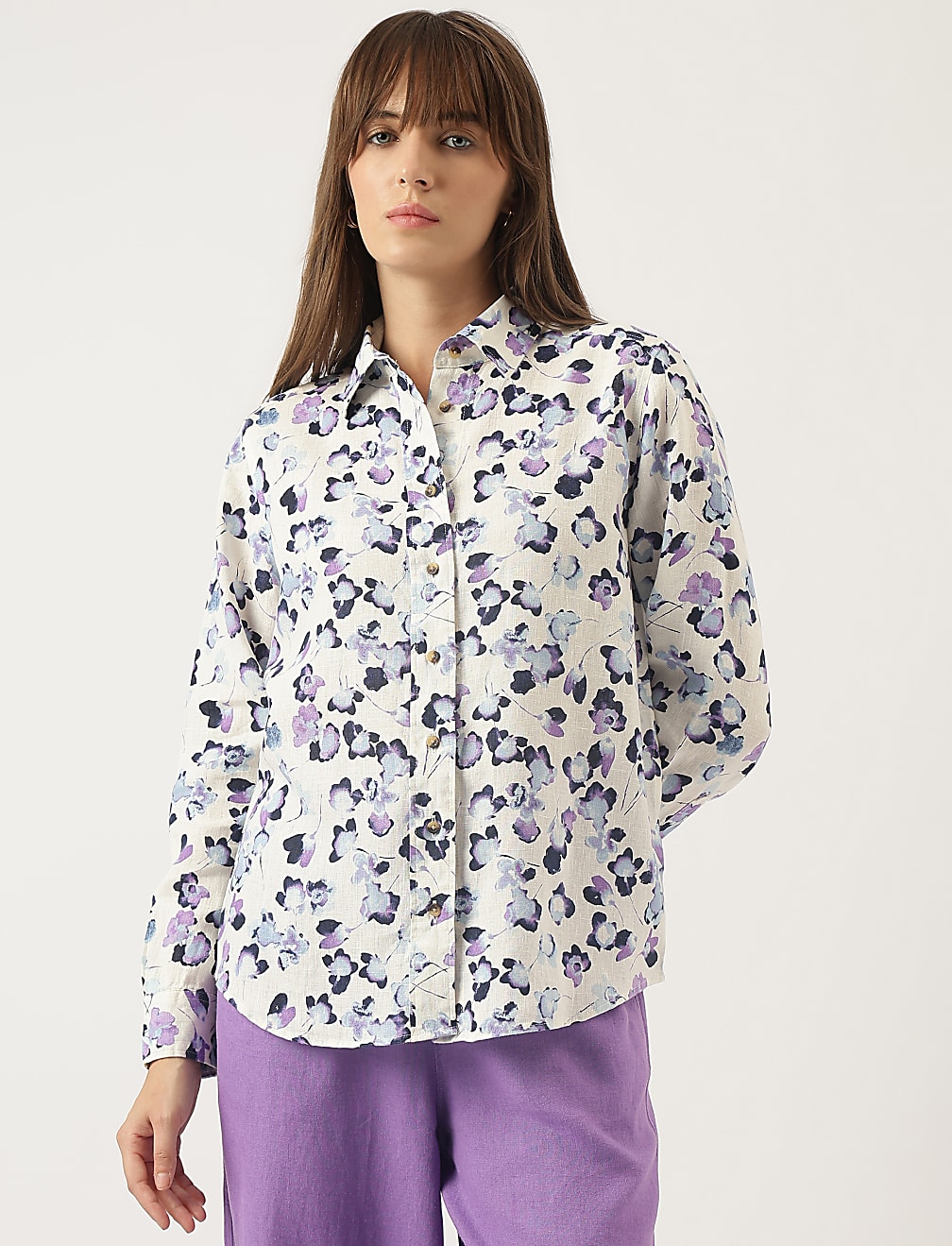 Pure Linen Floral Print Spread Collar Shirt