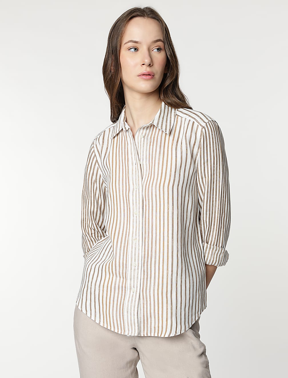 Pure Linen Striped Spread Collar Shirt