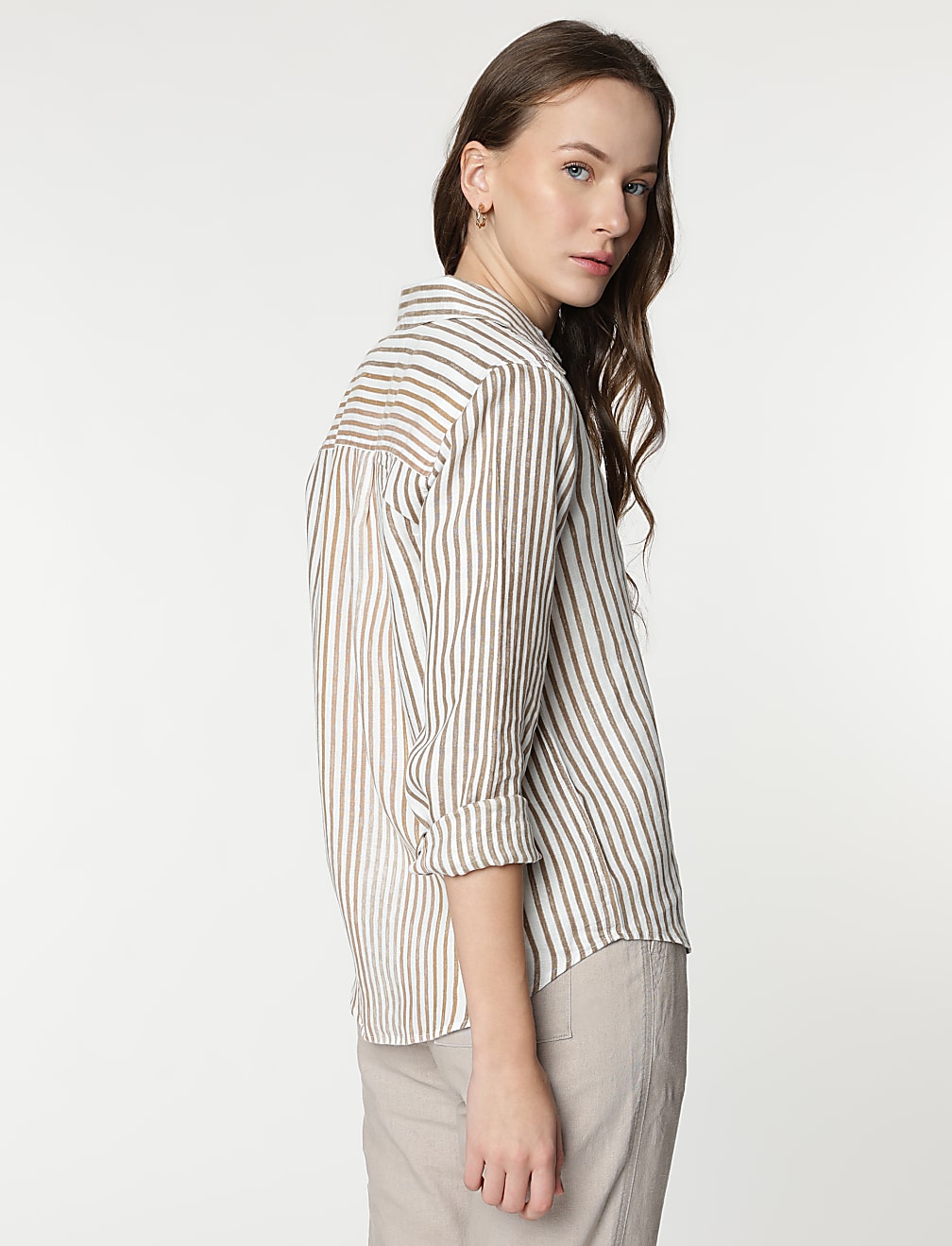 Pure Linen Striped Spread Collar Shirt