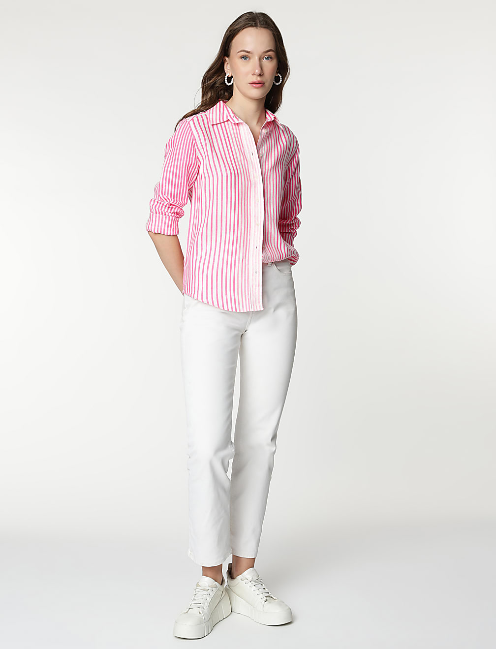 Pure Linen Stripes Spread Collar Shirt