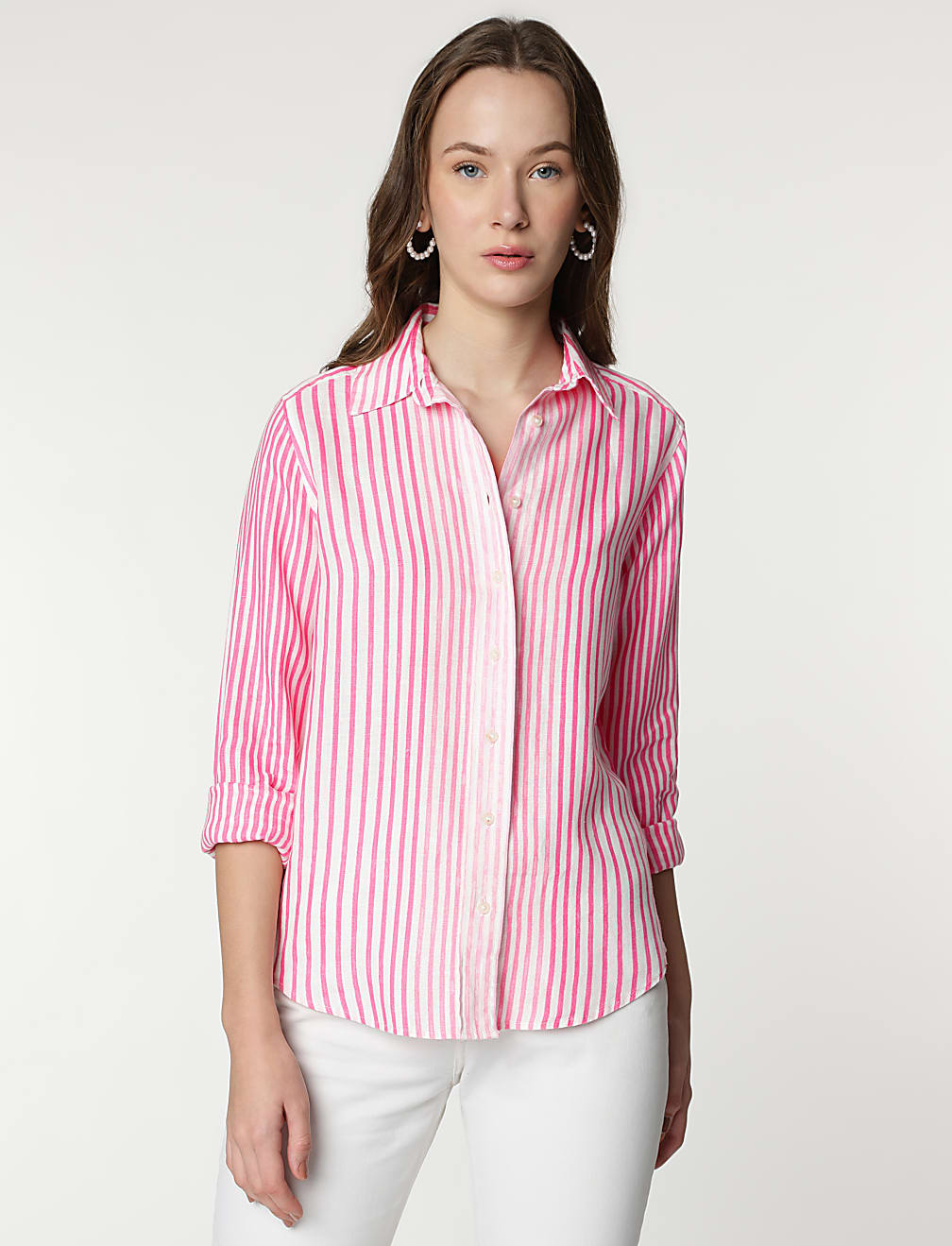 Pure Linen Stripes Spread Collar Shirt