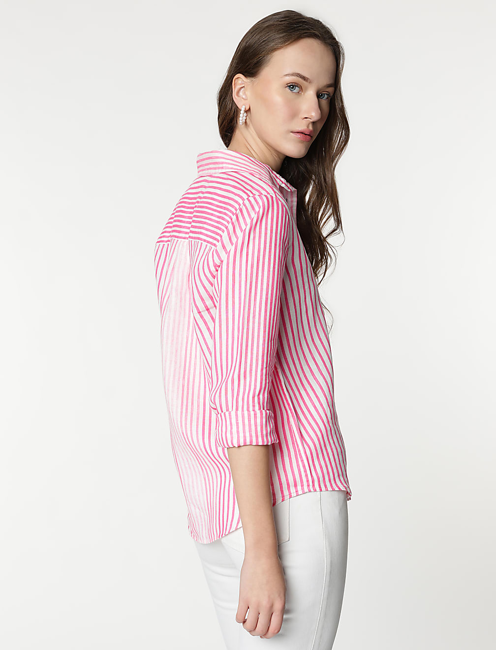 Pure Linen Stripes Spread Collar Shirt