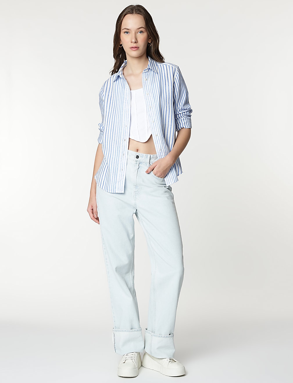 Pure Linen Striped Spread Collar Shirt