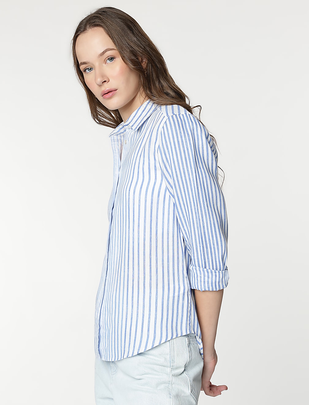 Pure Linen Striped Spread Collar Shirt