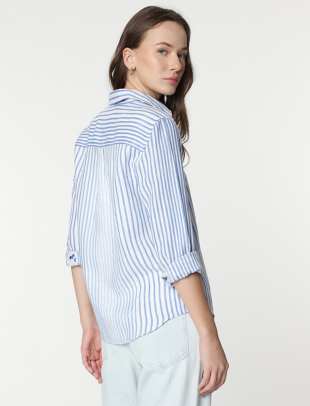 Pure Linen Striped Spread Collar Shirt