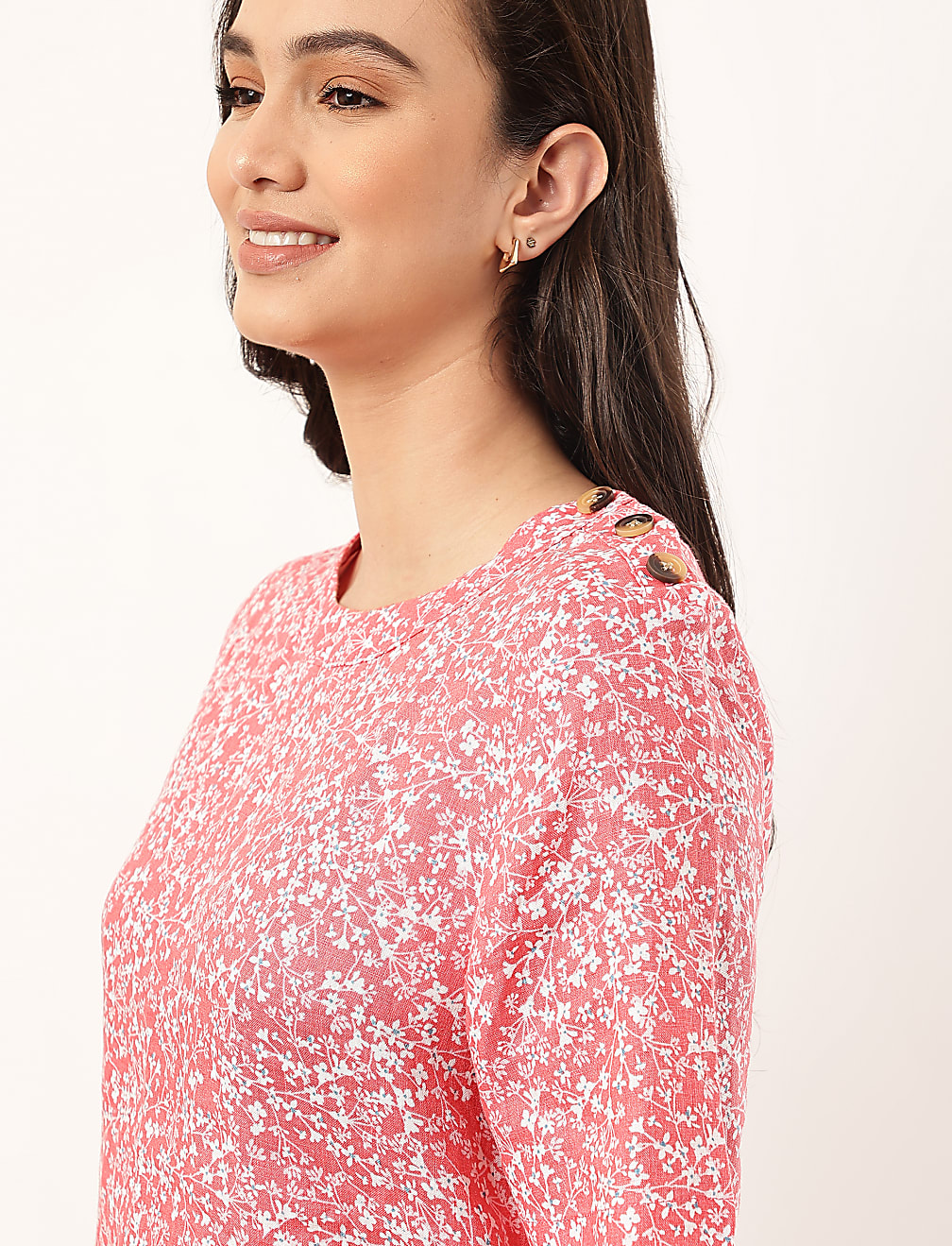 Pure Flax Floral Print Round Neck Top