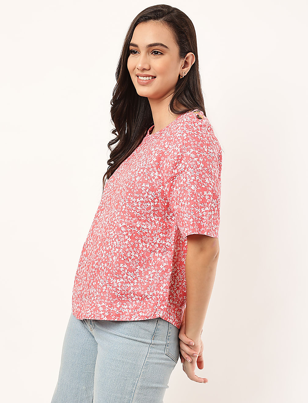 Pure Flax Floral Print Round Neck Top