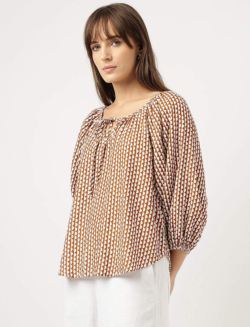 Linen Rich Geometric Print Tie-Ups Neck Top