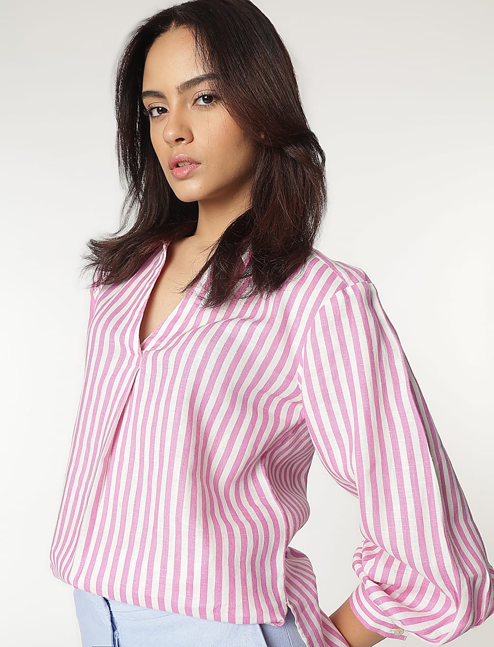 Pure Linen Spread Collar Striped Shirt