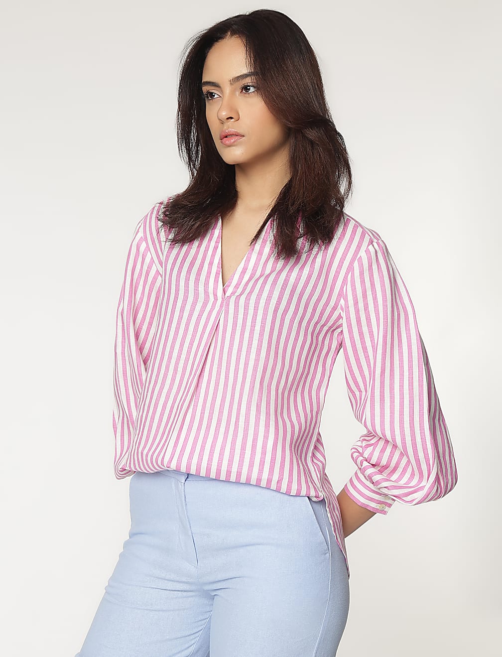 Pure Linen Spread Collar Striped Shirt