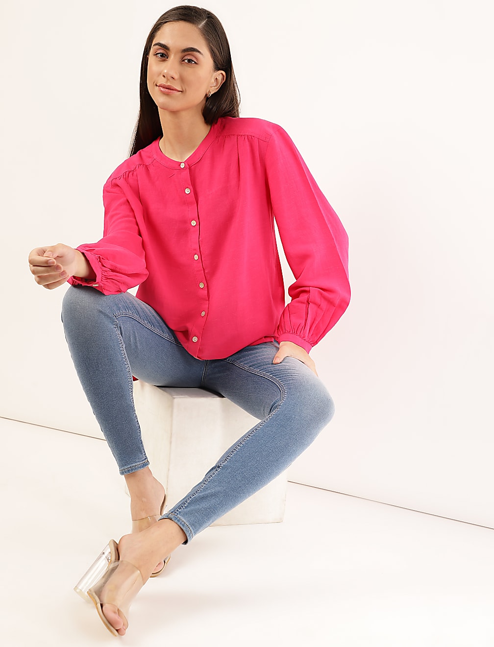 Viscose Mix Plain Mandarin Collar Shirt
