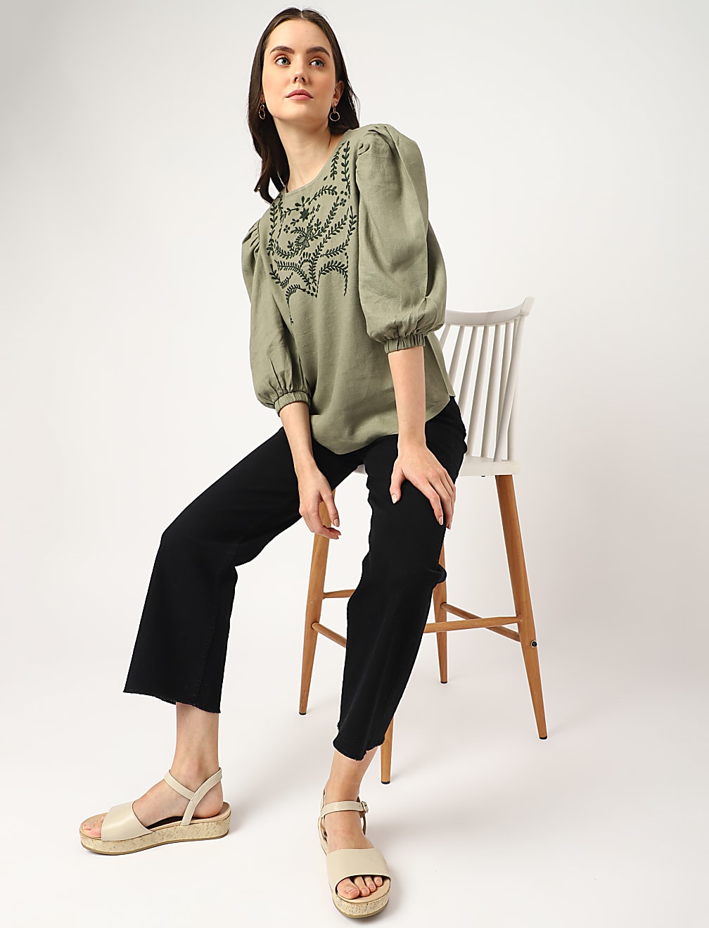Linen Mix Embroidered Round Neck Blouse