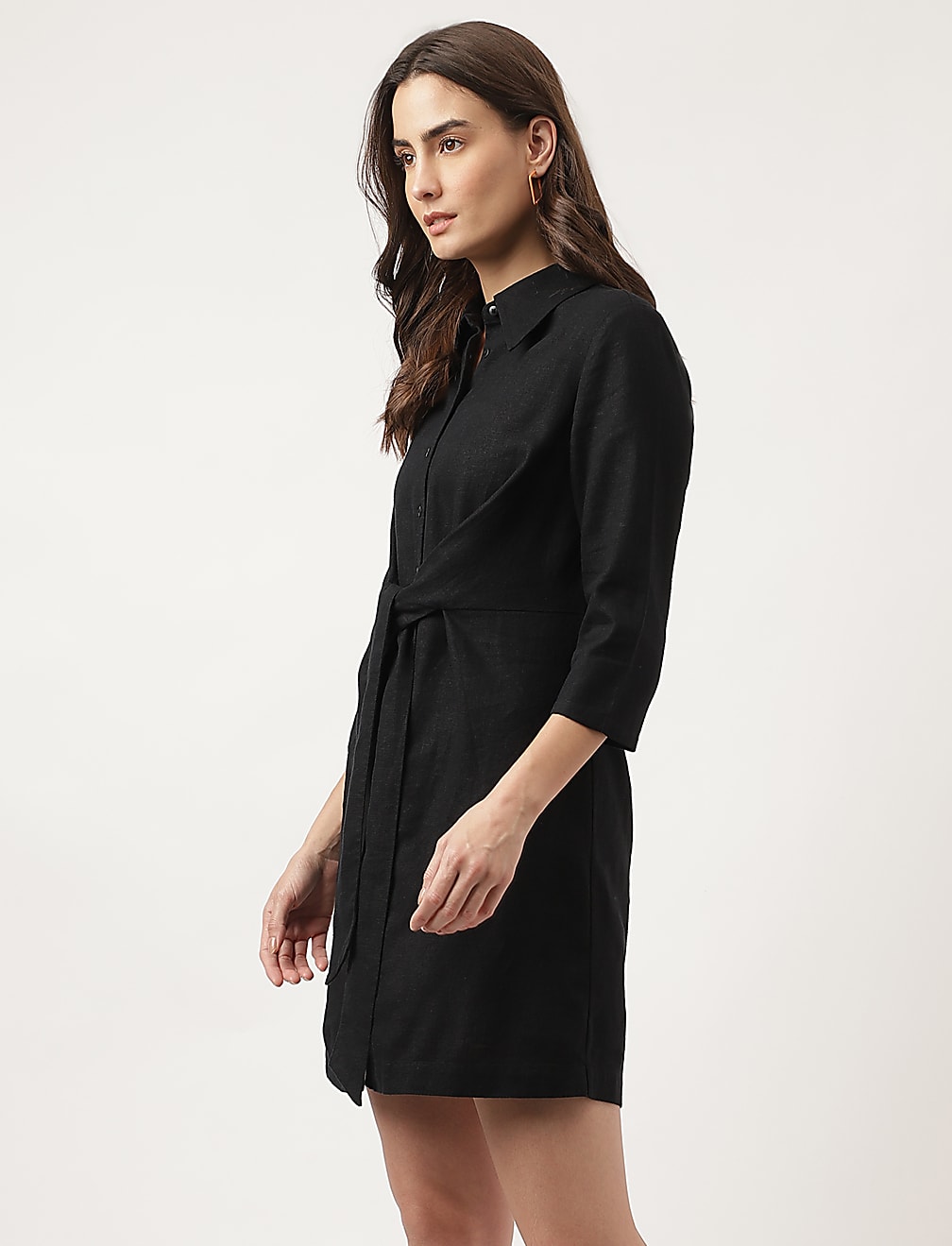 Plain Cut-way Collar Midi Shirt Dress