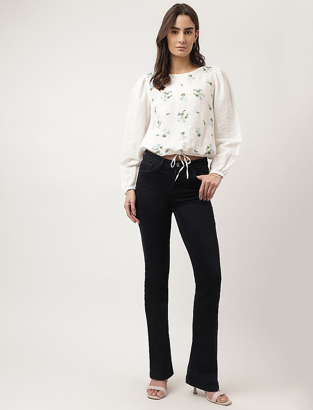 Flax Mix Embroidered Boat Neck Tops