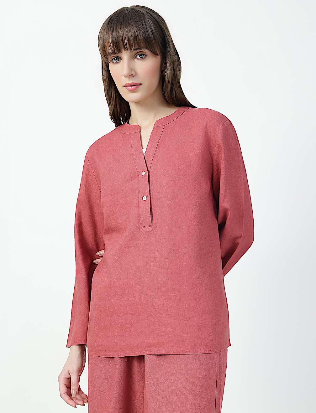 Linen Rich Plain Mandarin Collar Top