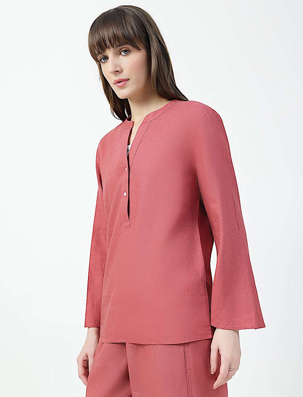 Linen Rich Plain Mandarin Collar Top