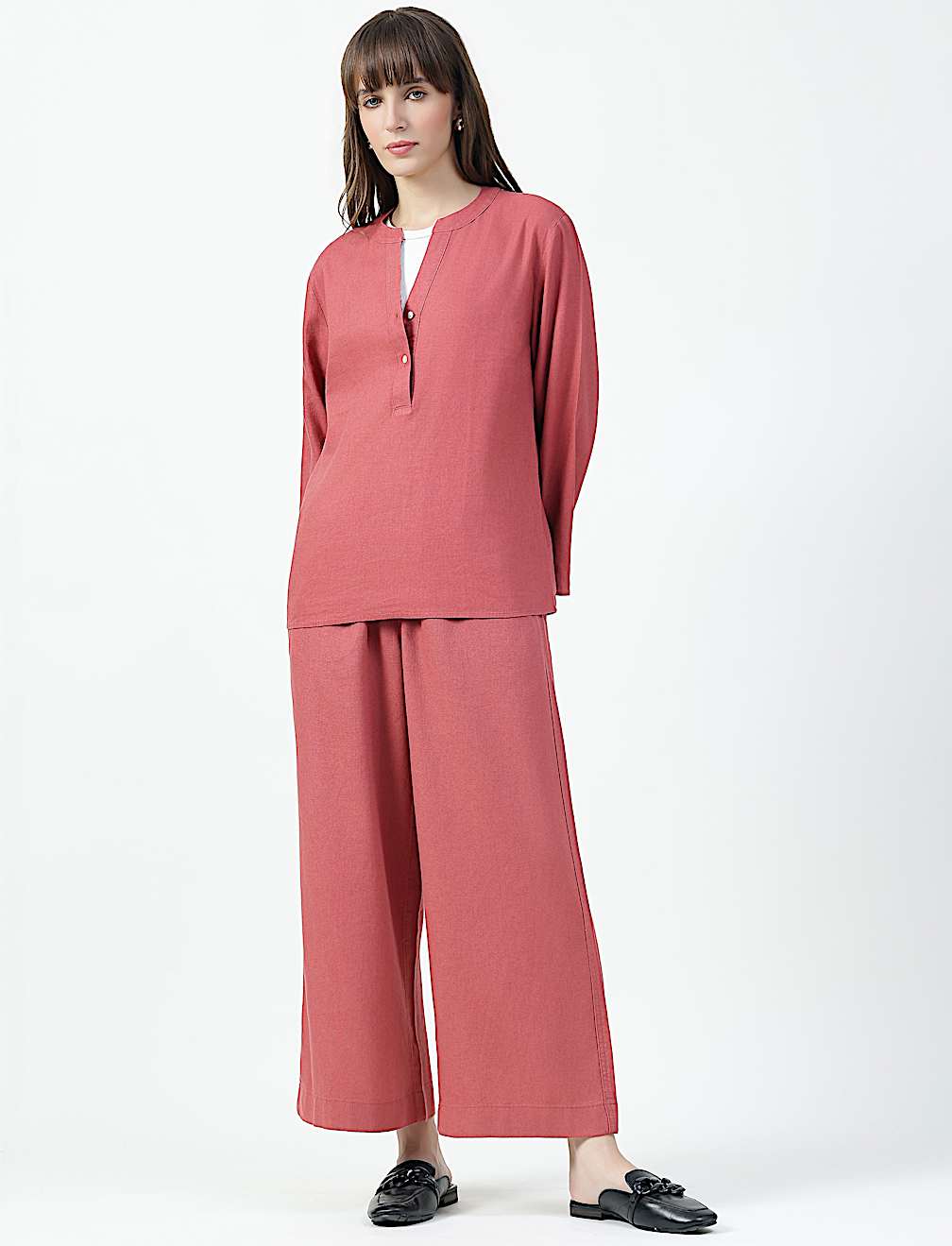 Linen Rich Plain Mandarin Collar Top