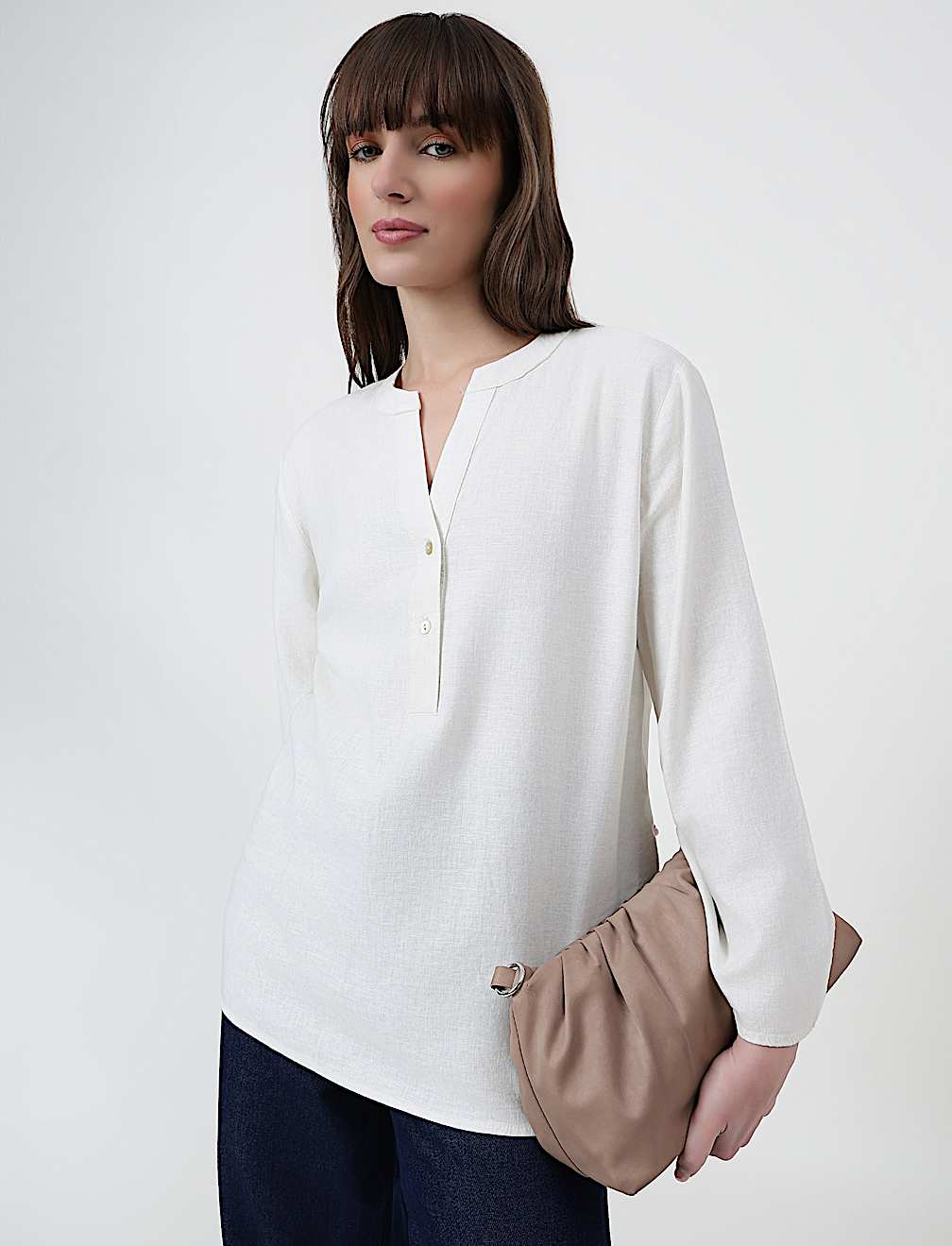 Linen Rich Plain Mandarin Collar Top