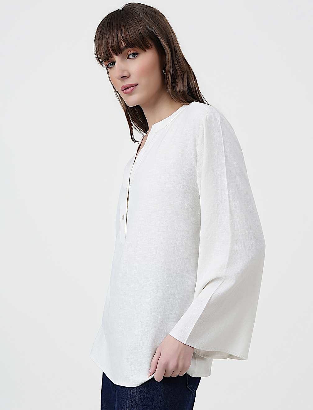 Linen Rich Plain Mandarin Collar Top